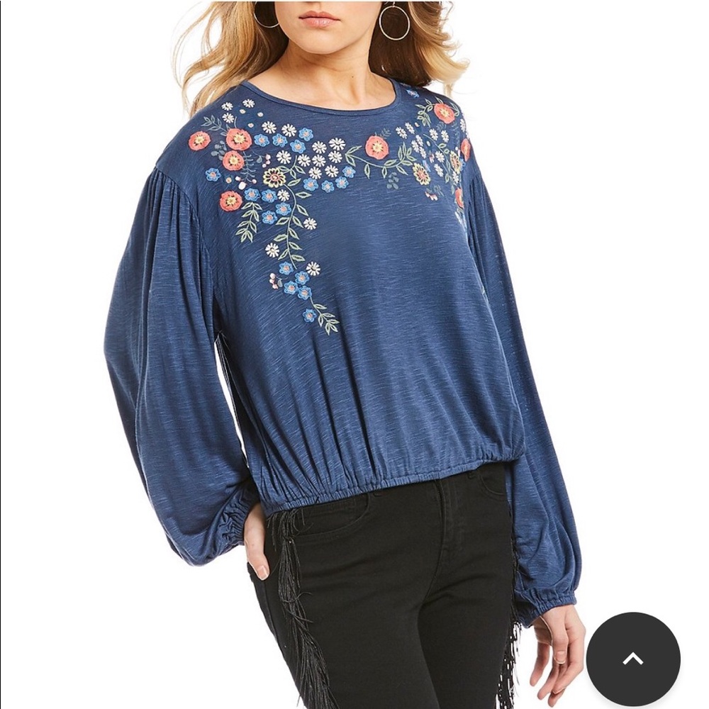 CHELSEA‎ & VIOLET EMBROIDERED LONG SLEEVE TOP, BLUE, SIZE L (NWT)